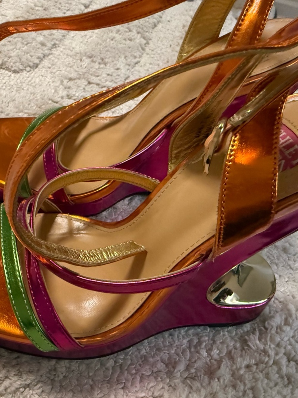 Ashley By 26 International Metallic Orange, Pink & Green Wedge Sandals